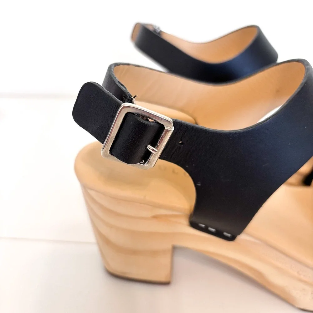 Nisolo Womens Open Toe Platform Sandals Size 8.5 Black‎ Leather Wood Block Heel
